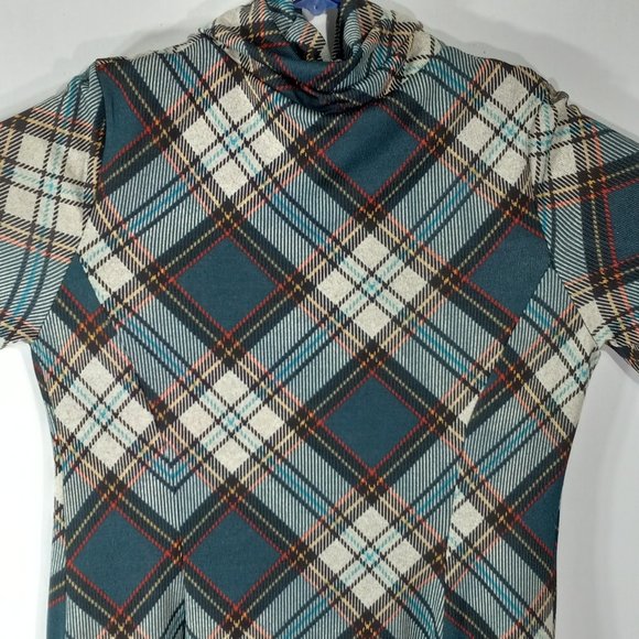 Robbie Bee Signature Sweater Dress Wm Lg Teal Plaid Cowl Turtleneck 3/4 Sleeve - Picture 7 of 12